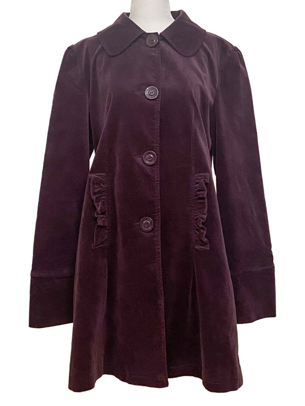 TULLE Plum Velvet Velour Pea Coat Peter Pan Collar XL Mod Vintage-Style Buttons